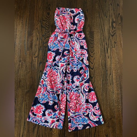 Lilly Pulitzer Women’s XXS Halibut Farrah Strapless Wide-Leg Jumpsuit w/Pockets - Picture 3 of 16